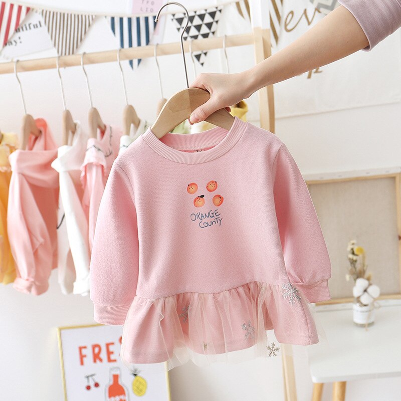 Bambini di Autunno Della Molla T-Shirt Ala Del Bambino Delle Ragazze Dolce di Stampa Del Cotone Della Principessa Dress Lace Hem T-Shirt Dei Ragazzi Delle Ragazze