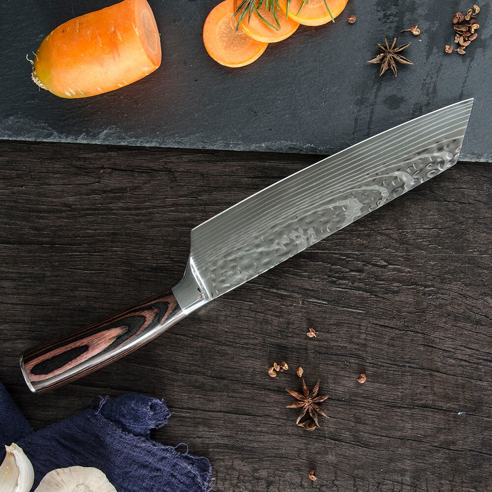 Couteaux de cuisine japonais en acier inoxydable 4cr13, ustensile de cuisine damas couteau à trancher au marteau forgé de 8 pouces couteaux de cuisine utilitaires