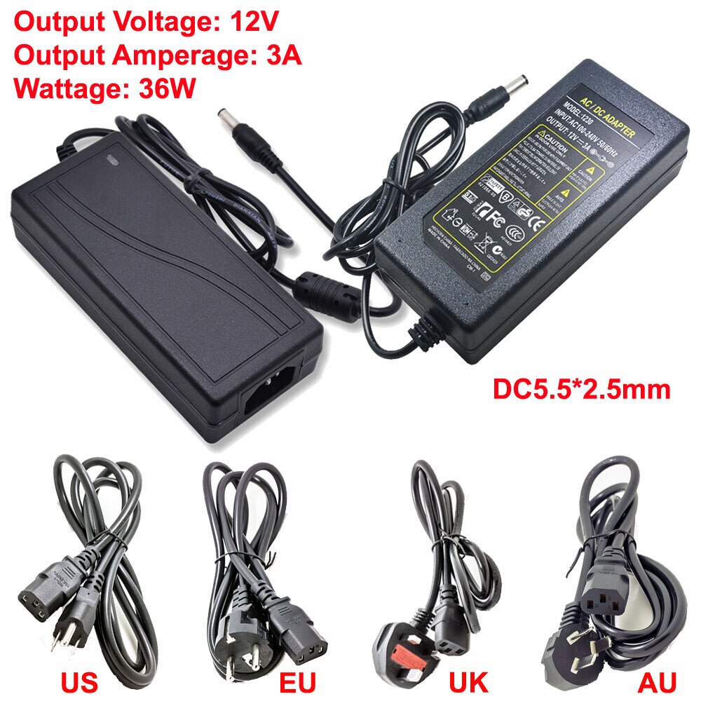 12V 3A 36W Desktop Voeding Adapter Transformator 110V-240V Naar Dc 12V Omvatten us/Eu/Uk/Au Plug Kabel 5.5X2.5Mm Jack Socket