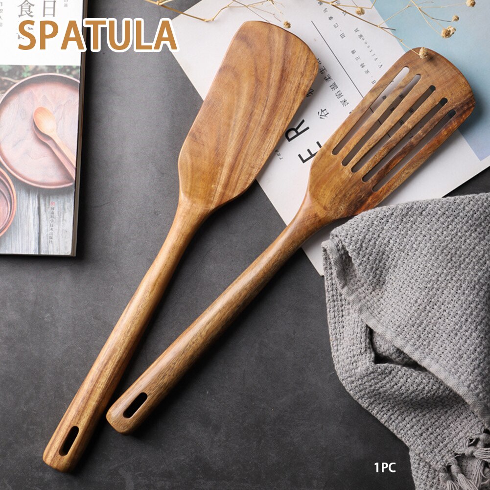 Long Handle Non Stick Pan Cooking Utensil Heat Resistant Hanging Shovel Wooden Spatula Restaurant Kitchen Natural Teak Pasta