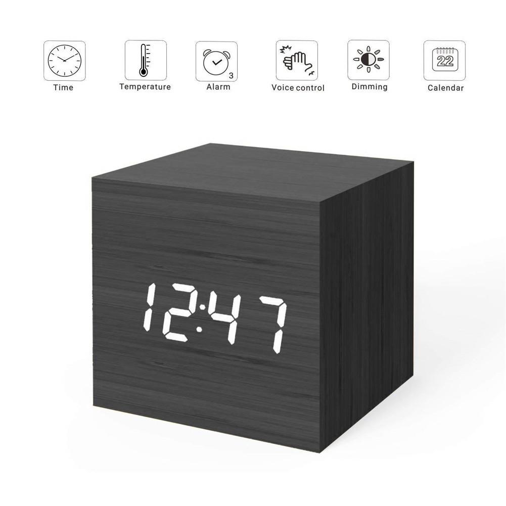 Digitale Wekker, Intelligente Spraakbesturing Houten Led Licht Mini Moderne Cubic Alarm Klok Met Tijd En Datum Temperatuur