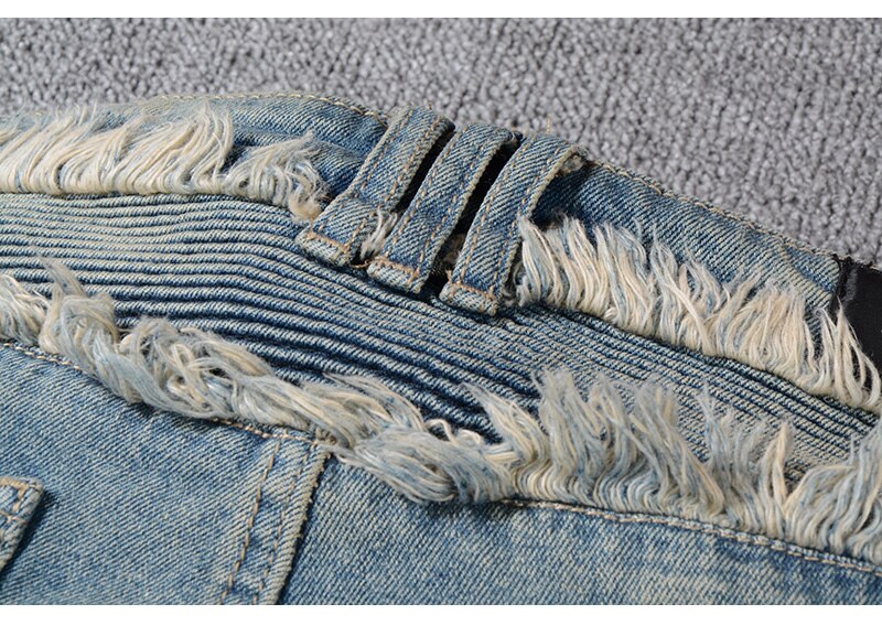 Herre vintage vasket denim frynser biker jeans for moto slim fit straight patchwork bukser for store og høye bukser