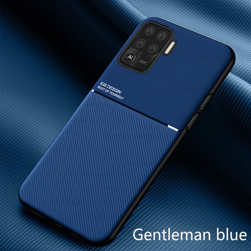 Lederen Textuur Magnetische Autohouder Silicon Bumper Shockproof Coque Cover Voor Oppo Reno5 Licht Reno 5 Lite 5 Lite case Cover: blue