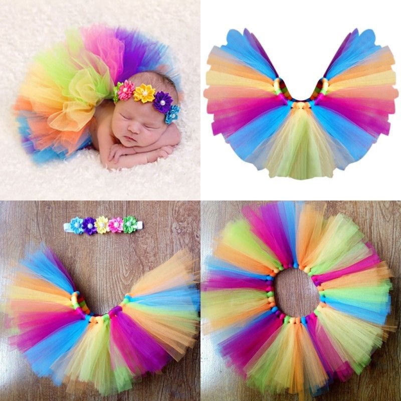 Baby Headdress flower+Tutu Rainbow Skirt 2PCS Newborn Infant Girls Photography Prop Outfit 0-4 Month