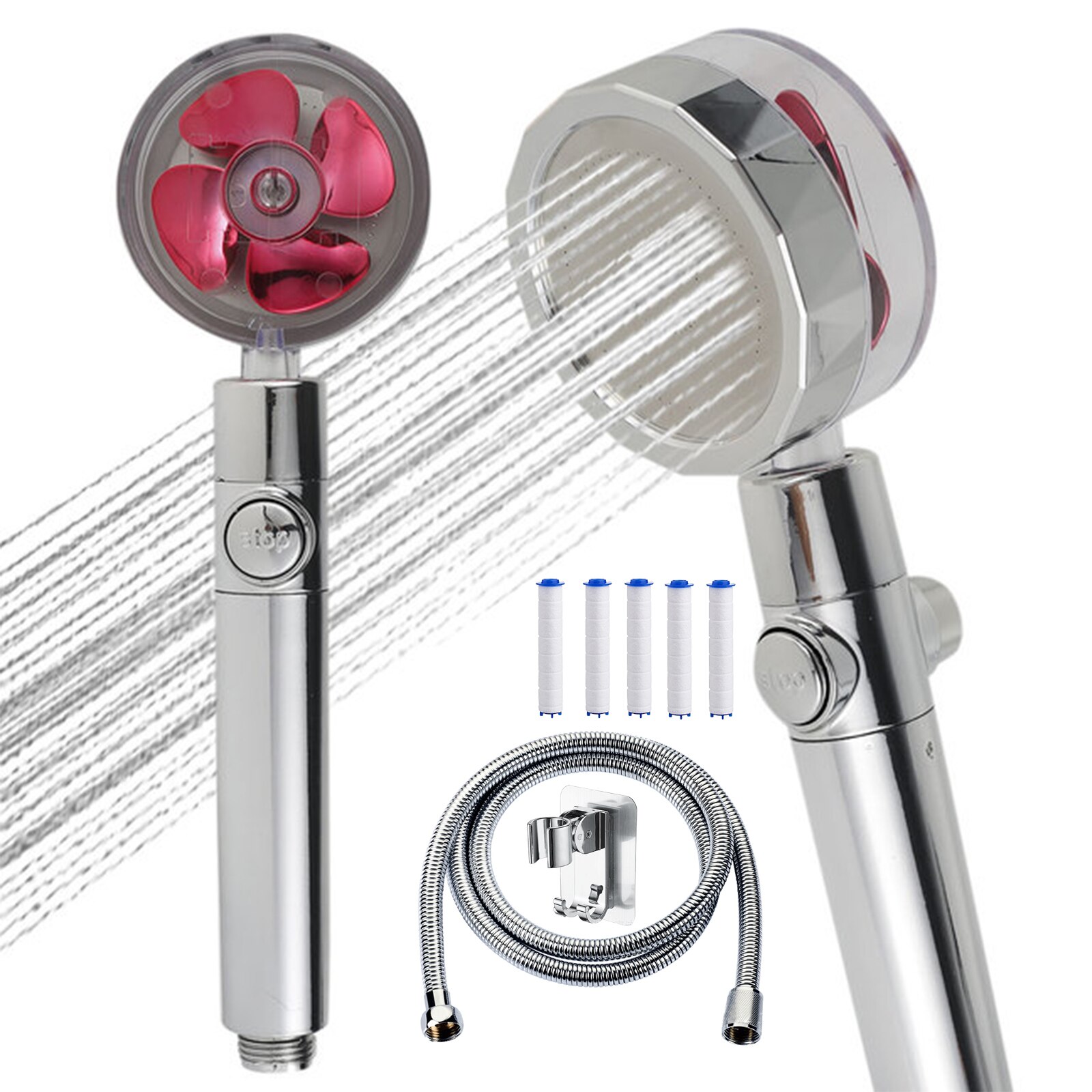 8Pcs Neerslag Turbo Douchekop Set Hoge Druk Regendouche Gedraaid Turbocharged Douche Met Ventilator 5 Filter Slang rack: 8PCS Red