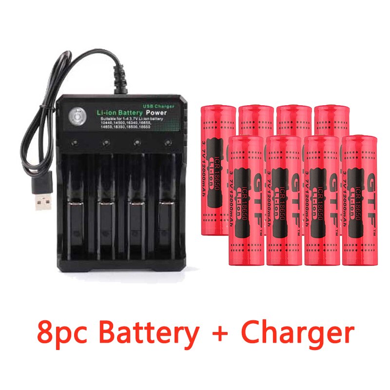 GTF 3.7V 18650 12000mAh Rechargeable Battery 2/4/8pcs Battery + 4 Slots 3.7V 18650 USB charger: charger 8pc battery
