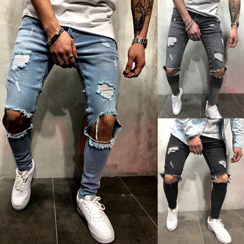 neue Männer Löcher Jeans Kühlen europäisch hoch Straße Motorrad Radfahrer Jeans Männer Hüfte hüpfen Zerrissene Dünne Jeans hosen