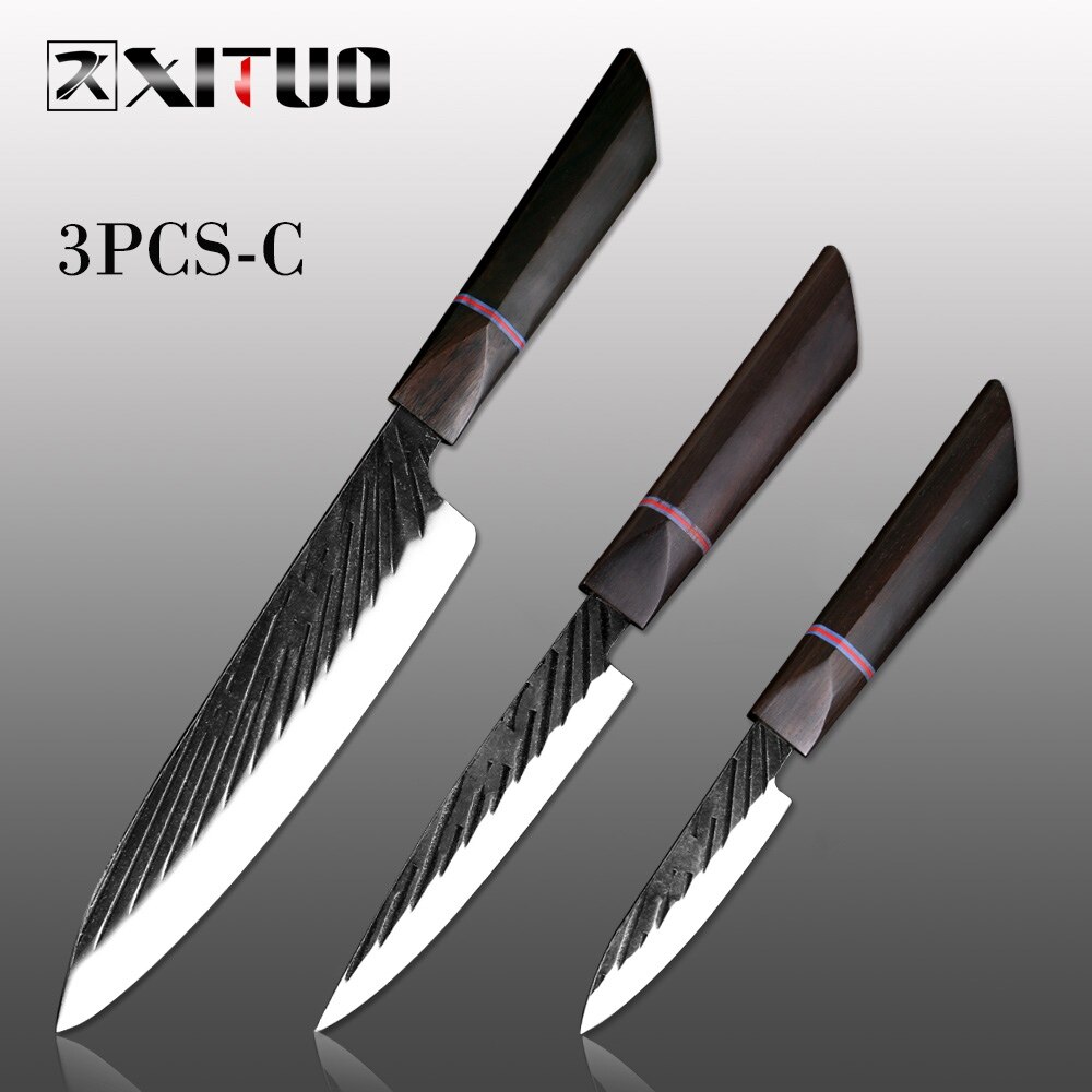 XITUO Chef Knife 440C Steel Handmade Forged Japanese Kitchen Knife Set Sharp Cleaver Kiritsuke Santoku Gyuto Knife Cooking Tools: 3PCS-C