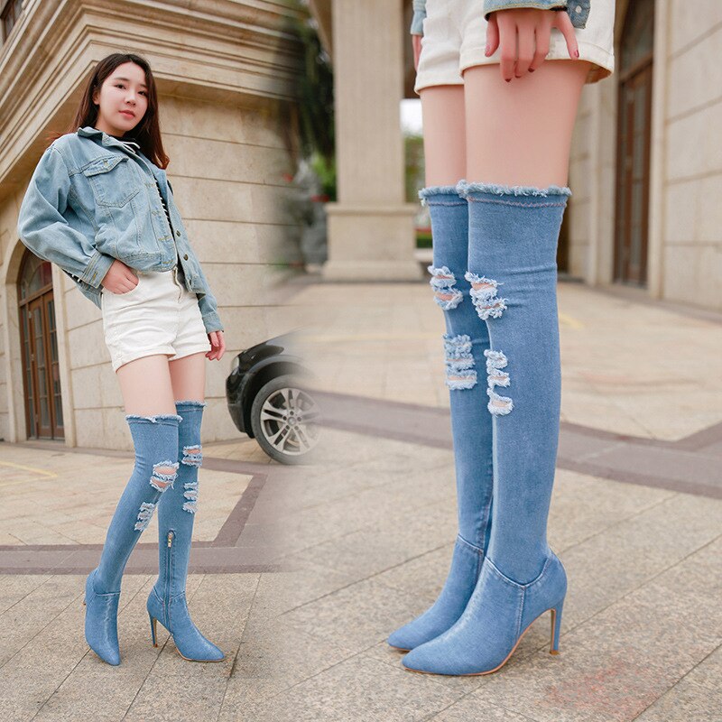 Denim lange støvler kvinder lår spidse støvletter forår vinter høje hæle kvinde sko dame tynde hæle kvast jeans støvler