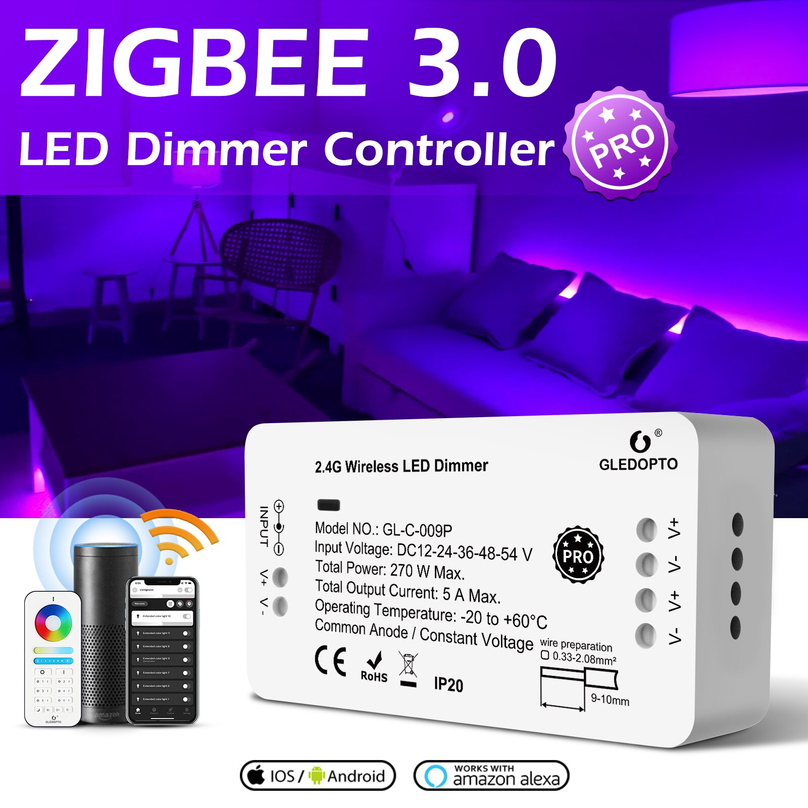 GLEDOPTO ZigBee 3.0 Smart LED Controller PRO RGBW RGB+CCT Dimmer Controller Voice Control work Alexa Google Home SmartThing H*UE: Single Color