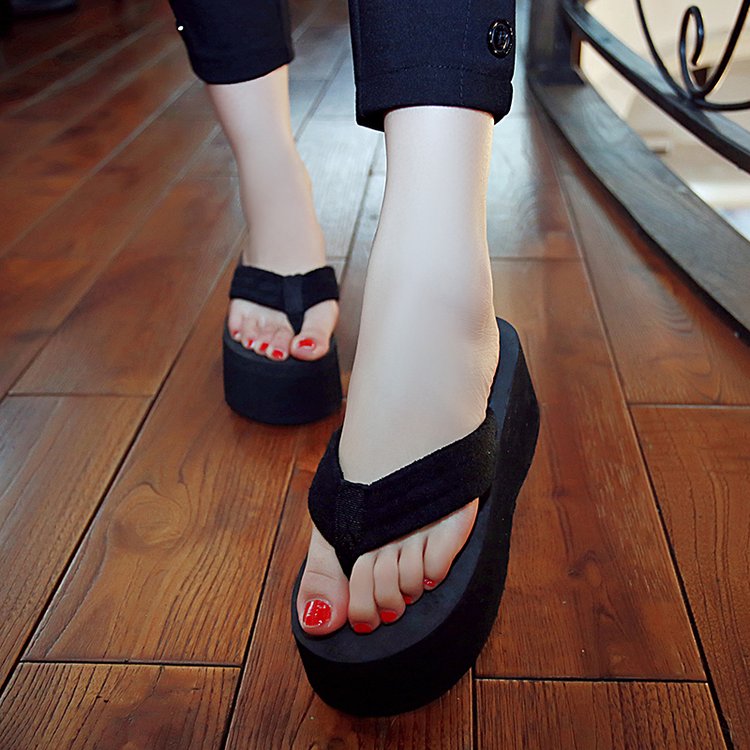 Sandalias gruesas de tacón superalto para mujer, chanclas de cuña, zapatos de agua de Color puro, talla grande 40, novedad de verano: Negro / 35