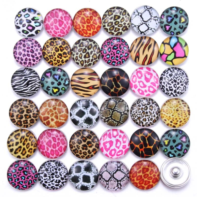 10pcs/lot Mixed Animal leather 18mm Glass Snap Buttons Jewelry Glass Cabochon Fit 18mm Snap Bracelet Bangles Necklace 020916