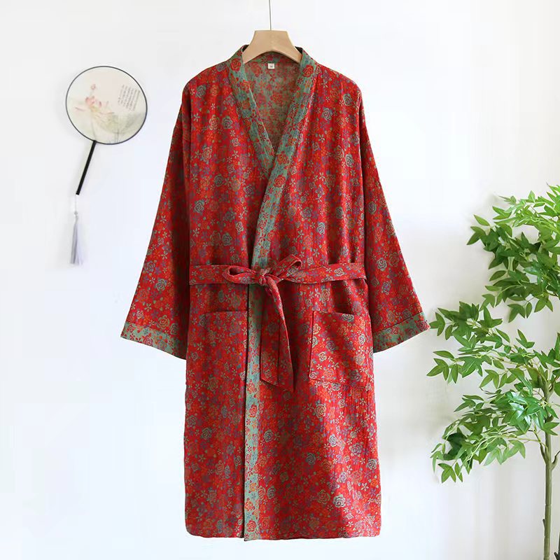 Batas de algodón puro para mujer, albornoz de manga 3/4 para primavera y otoño, batas de mañana estampadas para mujer, ropa holgada para el hogar, batas para dormir: L / Rojo
