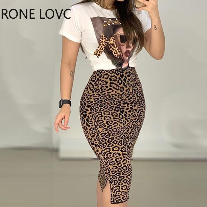 Top estampado de manga corta para mujer, falda con abertura de leopardo, conjunto informal de 2 piezas