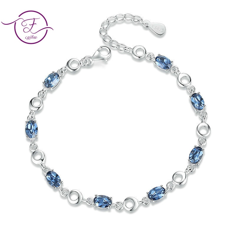 Blue Topaz Bracelets Female 925 Silver Deep Blue Sapphire Color Gemstone Bracelet for Women Birthday