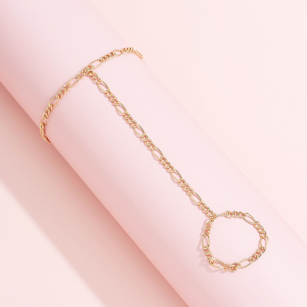 Prosty łańcuch Figaro połączyć palec pierścionki bransoletka z pierścionkiem bransoletki dla kobiet moda złoty kolor bransoletki i bransoletki biżuteria hurtowych: Default Title