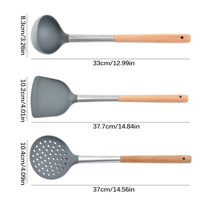 Stainless Steel Kitchen Utensil Non Stick Wooden Long Handle Soup Ladle Frying Spatula Slotted Spoon Useful Kitchen Cooking Tool