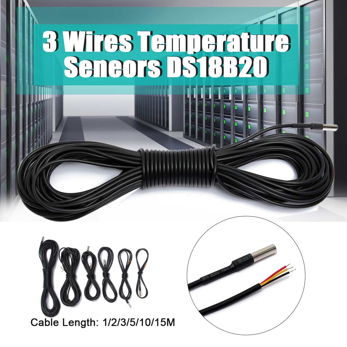 Autoleader 1-15M Water Temperature Temp Sensor Thermal Probe Thermometer DS18B20 3 wires