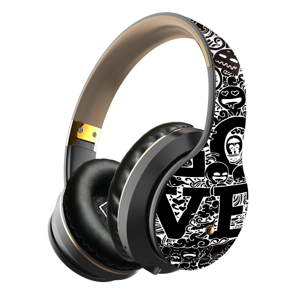 NDJU Wireless Graffiti Headphones - Bluetooth 5.0 - 40mm Drivers - HiFi Stereo Sound with Mic - TF Card FM Radio: Gold