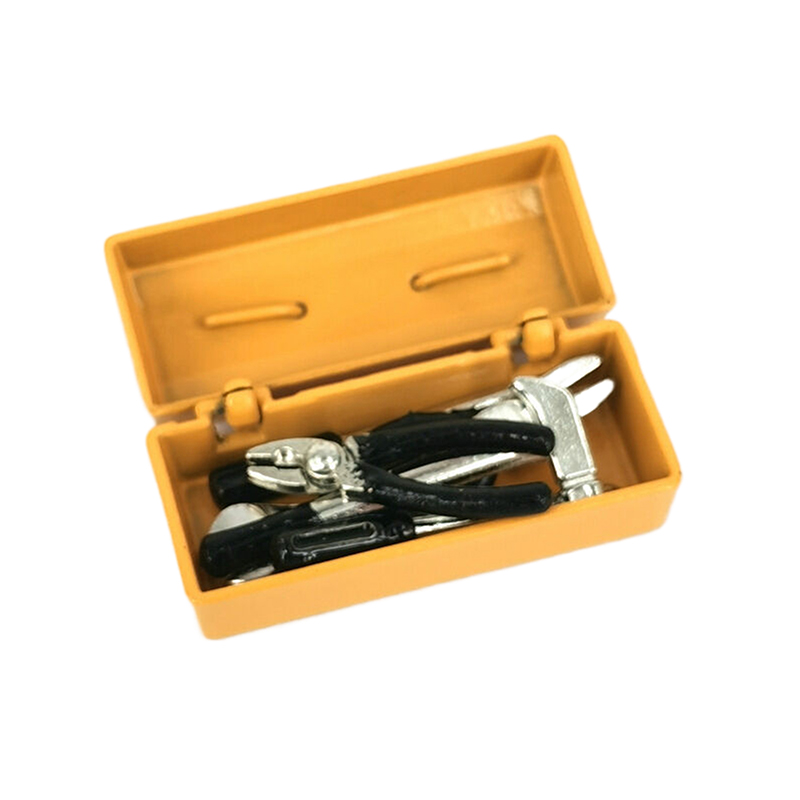 1 set dockhusminiatyrverktygslåda 【verktygslåda +6 verktyg】handgjorda verktygsset modellmöbler tillbehör dockhusdekor leksaker