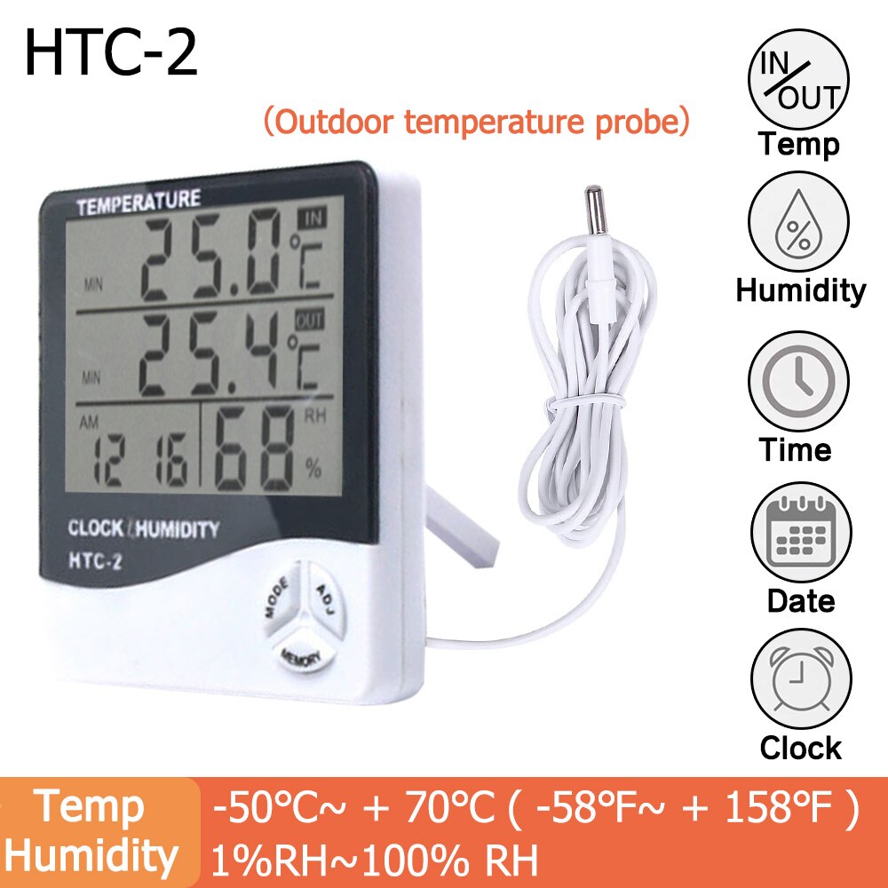 Thermomètre et Hygromètre Numérique LCD, avec un Affichage Électronique de la Température et de l&#39;Humidité, pour l&#39;Intérieur et l&#39;Extérieur, une Fonction de Station Météo et Horloge, Numéro de Modèle HTC-1/HTC-2: HTC-2