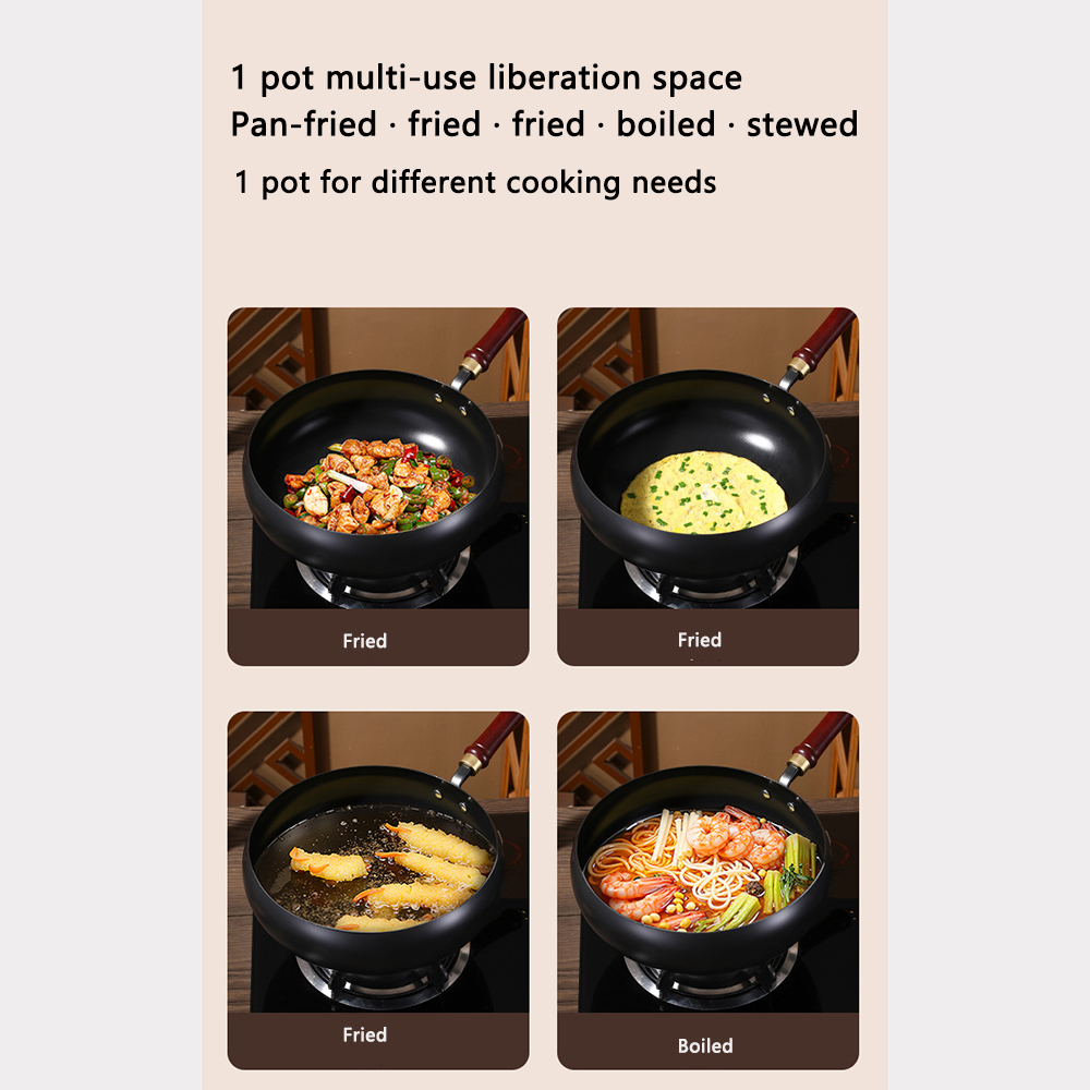 24cm/28cm Uncoated Pot Non - stick Wok Hand-made Iron Pot with Wooden Lid Cooking Pan for Induction Electric Gas All Stoves