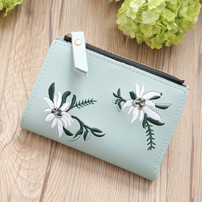 Embroidery Short Wallet Leather Clutch Wallets Female Floral Hasp Coin Purse Small Zipper Bag Credit Card Holders: Light green