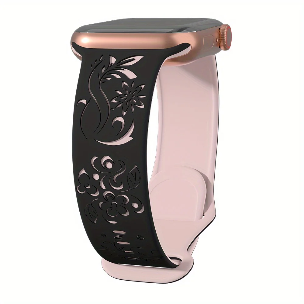 Silicone Floral Engraved Strap For Apple Watch 38/42/46mm 41/44/45mm 49mm Sport Bracelet For iWatch Series 10/9/8/7/6/Ultra Band: Blue Pink / 12mm