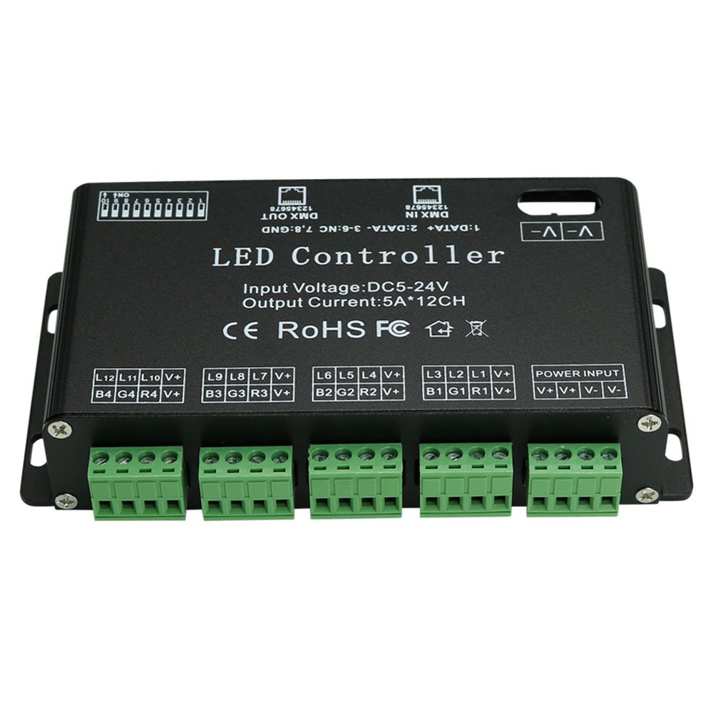High Power 12 Channel 5A/CH Dmx Led Controller Led DMX 512 Decoder Dimmer Driver DC5V-24V for led rgb strip or lights ST169