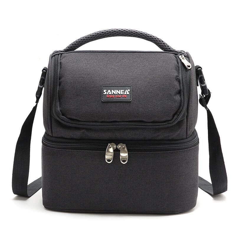 Double-Deck Insulated Lunch Bag Women Thermal Large Capacity Cooler Bag Portable Lunch Tote Food Bag: Black