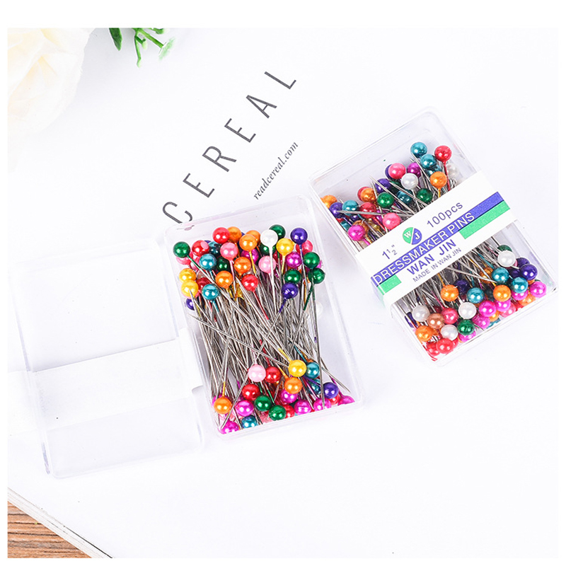 100Pcs/Box 40mm Colorful Round Pearl Head Needles Stitch Straight Push Sewing Pins For Dressmaking DIY Sewing Tools Positioning