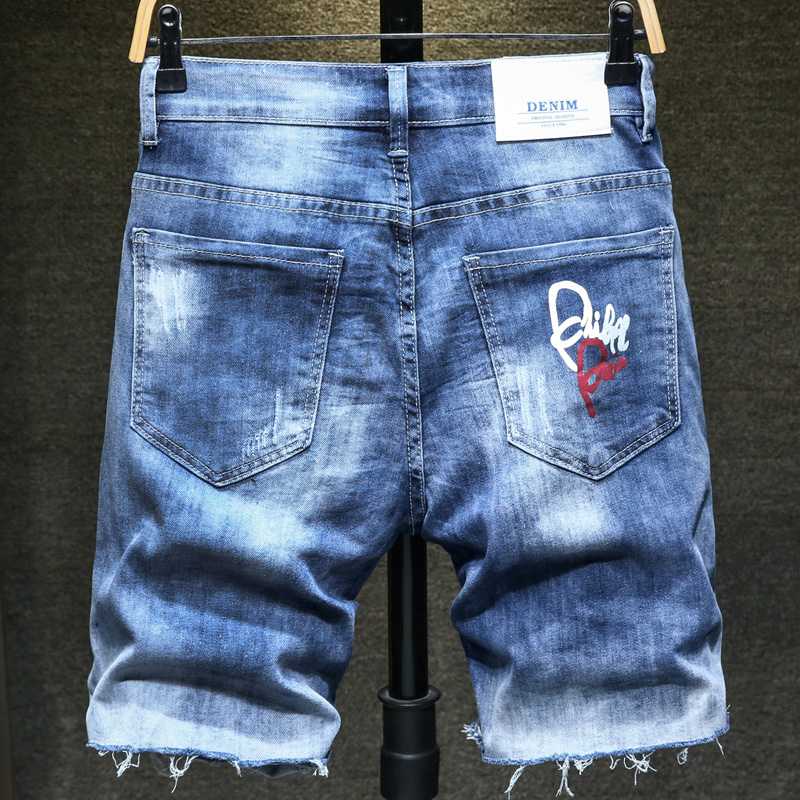 Summer Men's Ripped Short Jeans Casual Trend Stretch Blue Denim Shorts Male Brand Clothes