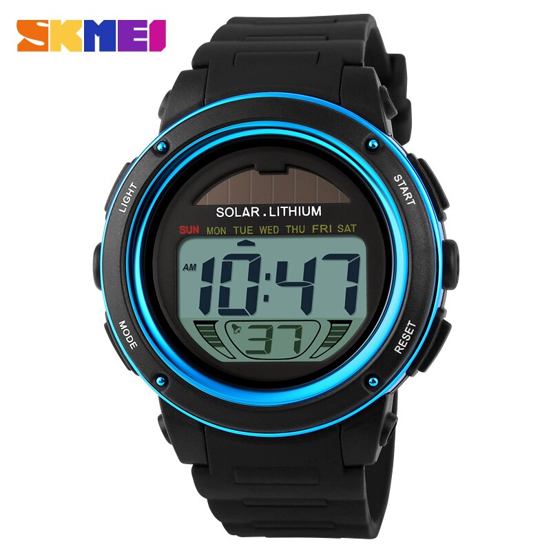 SKMEI Horloge zonne-energie Mannen Elektronische Sport Horloges Multifunctionele Outdoor Waterbestendig Digitale Horloges: blue