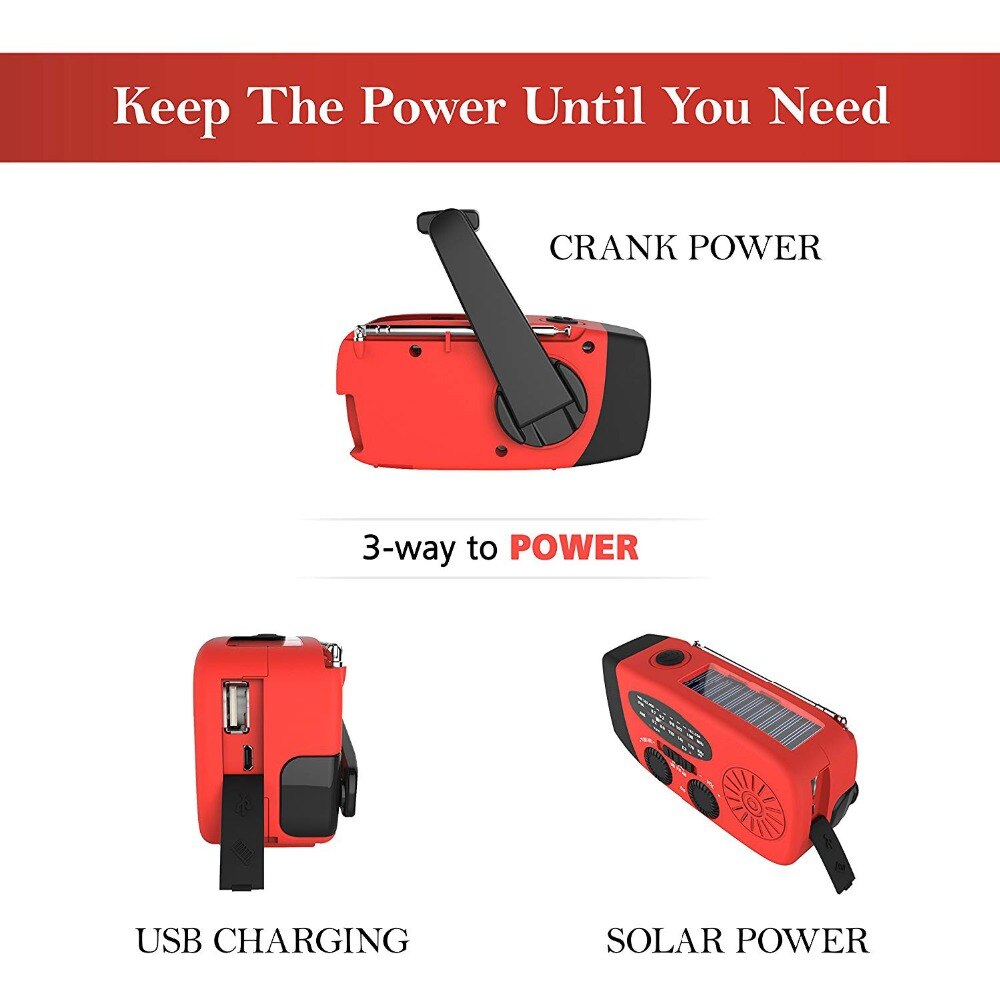 5-in-1 Portable FM Radio Hand Crank Self Powered AM/FM/NOAA Solar Emergency Radios with 3 LED Flashlight 1000mAh Power Bank