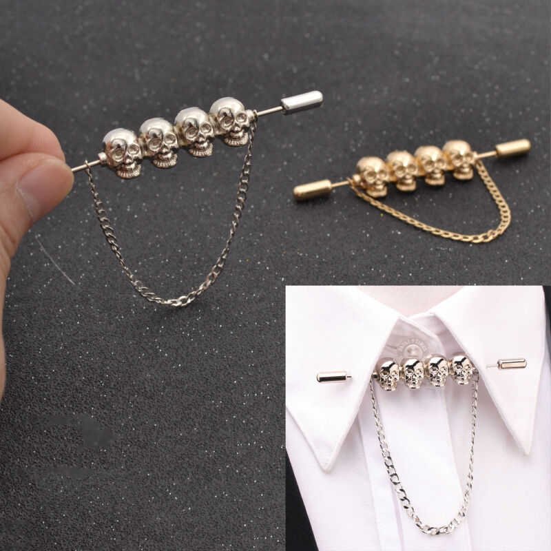 Bar Cloth Brooch Jewelry Chain Skull Shirt Head Lapel Pin Collar Tie Necktie