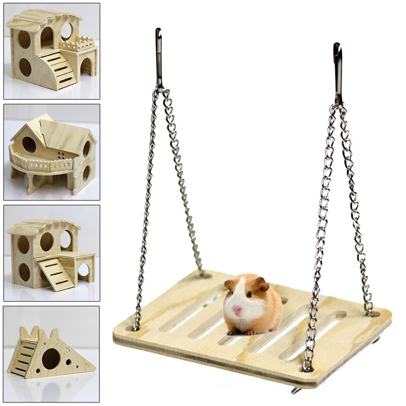 Muebles de juguete de madera para hámster, casa pequeña, columpio, rueda para correr, nido de madera, jaula, suministros