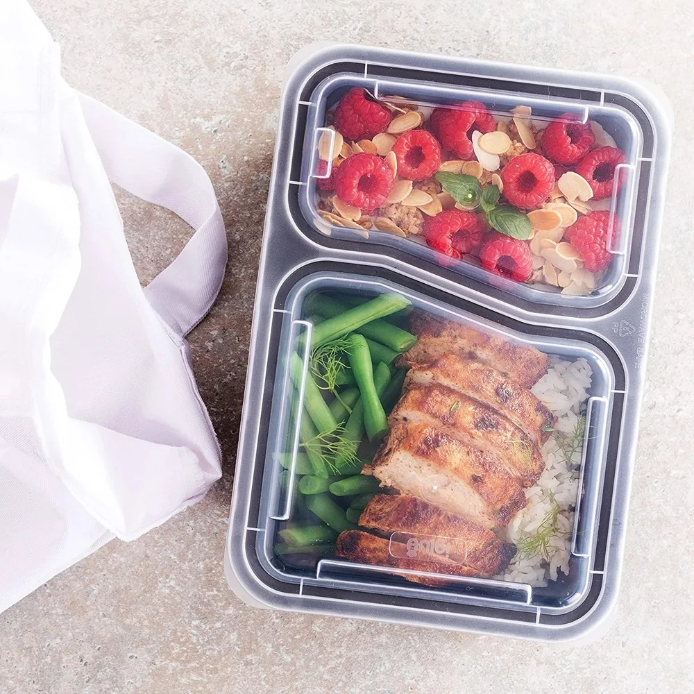 2 Compartment BPA Reusable Meal Prep Containers Rectangular Lunch Containers Microwavable Safe - Stackable Food Storage Trays