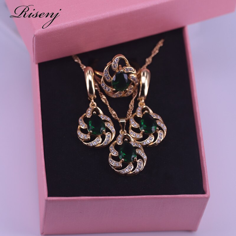 Mange farver top zirkon vanddråbe 18k guld smykker sæt til kvinder justerbar ring halskæde øreringe vedhæng pæn: Grøn