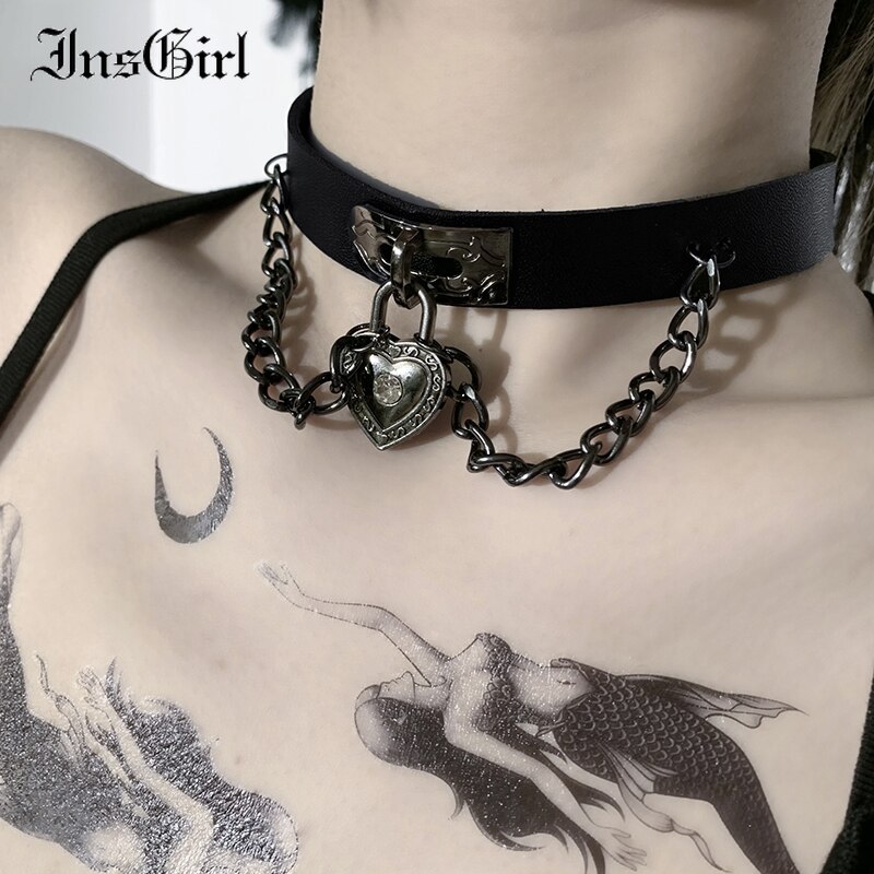 InsGirl Mall Goth Punk Choker Y2k E-girl Streetwear Cospay Heart Pendant Chain Hip Hop Harajuku Gothic Pu Leather Choker