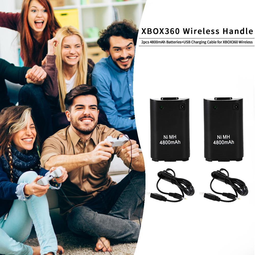 Lot de 2 batteries de rechange noires 4800 mah + câble de chargement usb pour manette de jeu sans fil xbox 360