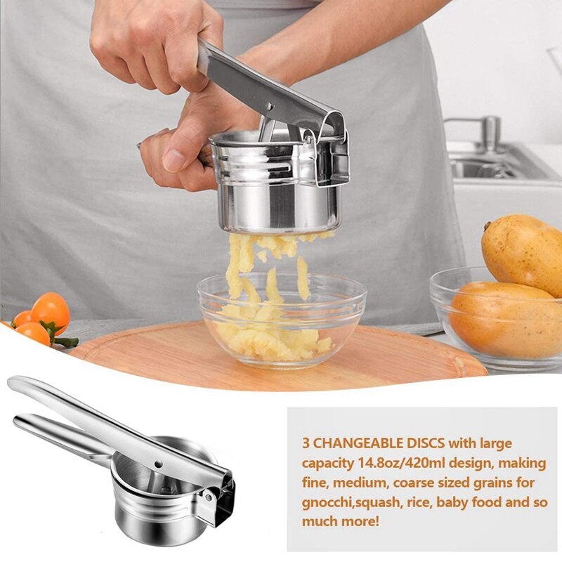 Stainless Steel Potato Ricer Masher with 3 Interchangeable Discs for Fine, Medium, and Coarse, Easy to Use for Potatoes