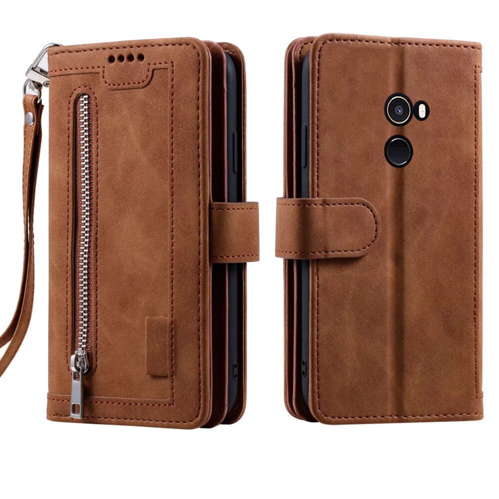 9 Kaarten Wallet Case Voor Xiaomi Mi Mix2 Telefoon Case Card Slot Rits Flip Folio Met Polsband Voor Xiaomi mi Mix 2: Brown