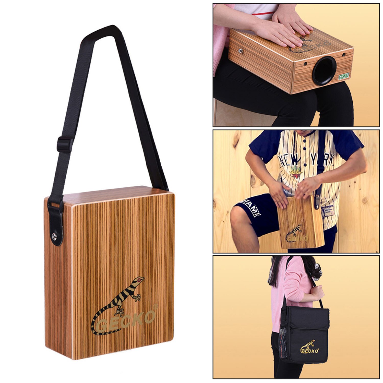 C-68B Hand Percussion Cajon Box Drum with Drum Bag Strap 5-Drum Kit Birch Wood Natural Brown Inner String Sound