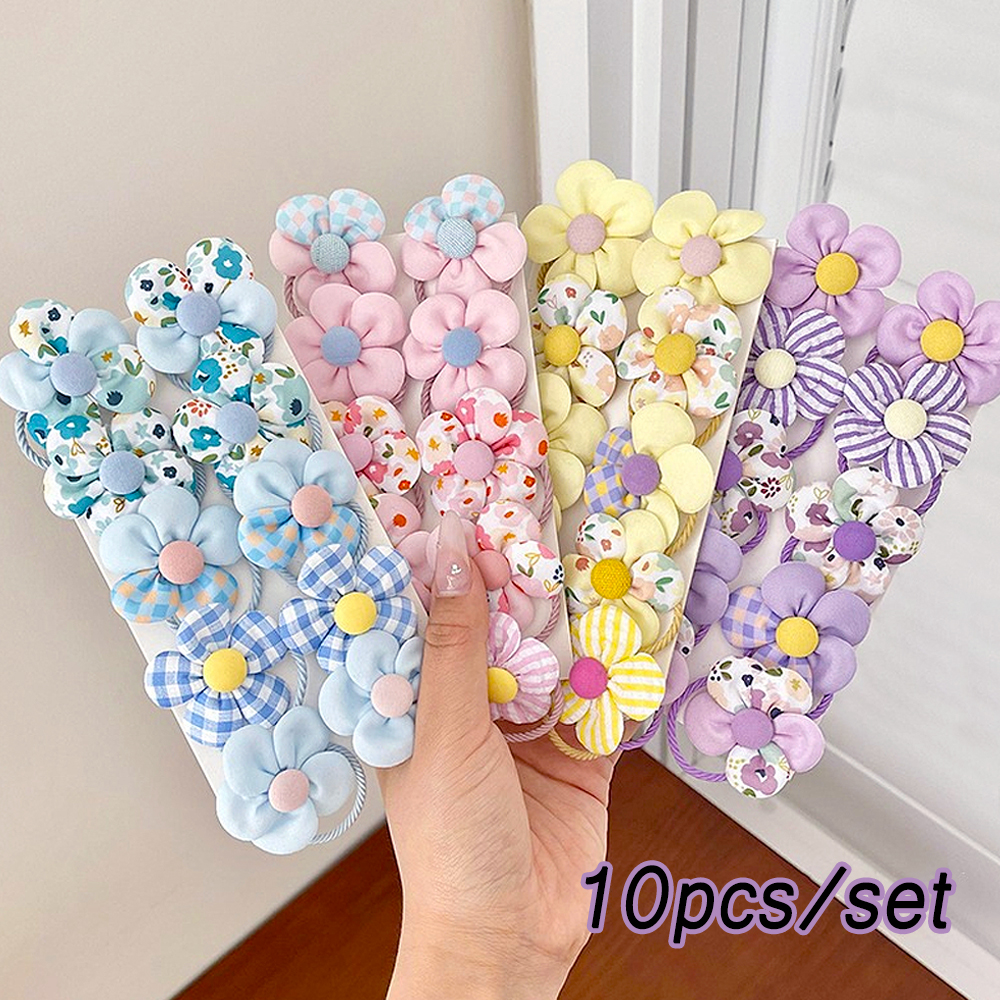 10 unids/set de lazos coloridos para el cabello con flores, coleteros elásticos, banda de goma, accesorios para el cabello de bebé para niños pequeños, niños, adolescentes y niñas