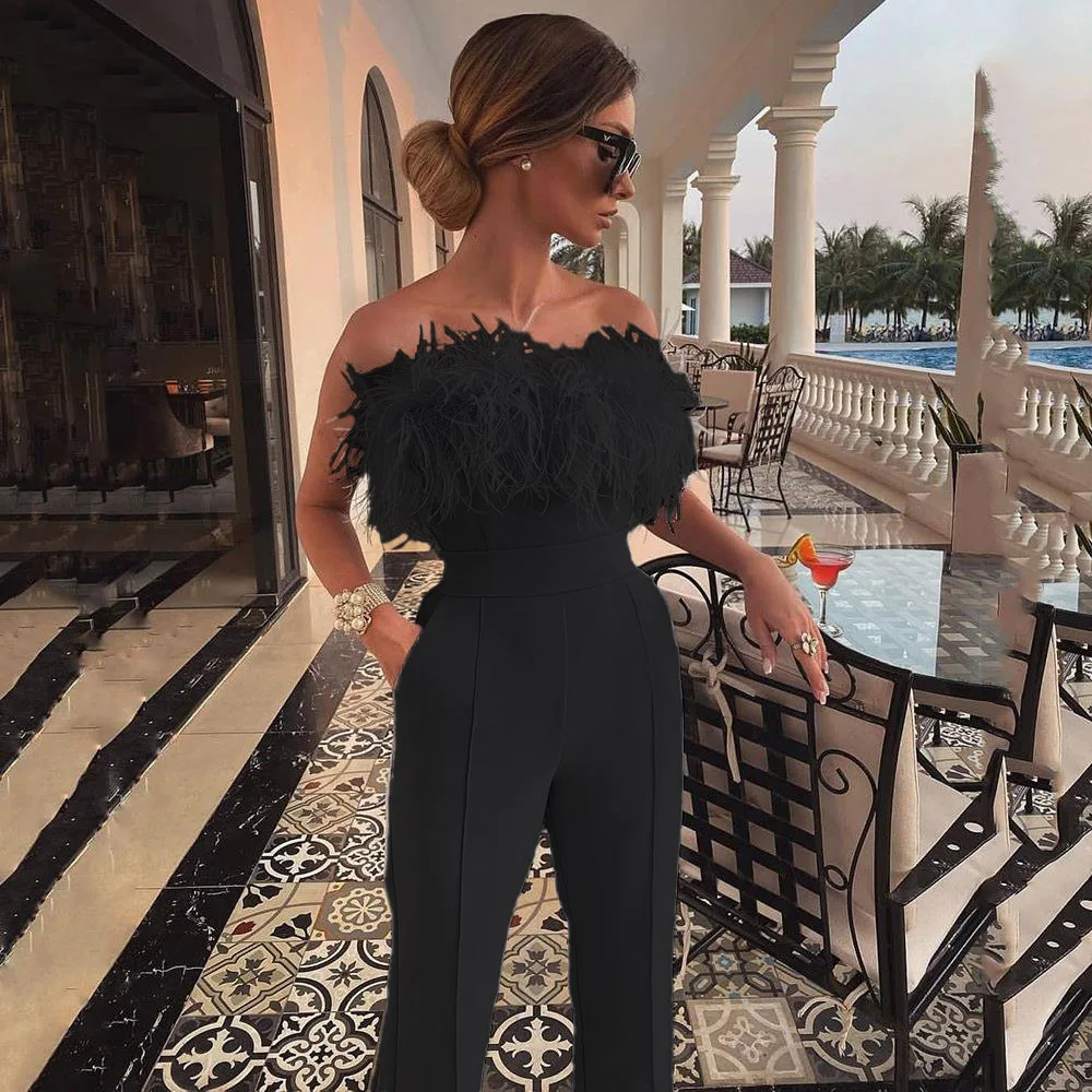 Lente/zomer strapless jumpsuits met veren, damesoveralls, sexy tube top, rugloze feest-/avondjumpsuits: Xxl / Zwart