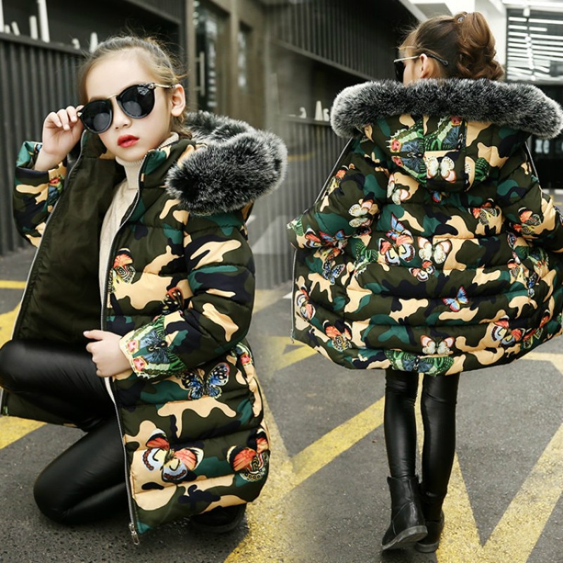 Meisje Winter Jas Kinderkleding Katoen Gevoerde Kleding Meisjes Camouflage Gedrukt Verdikking Kleding Kids Capuchon