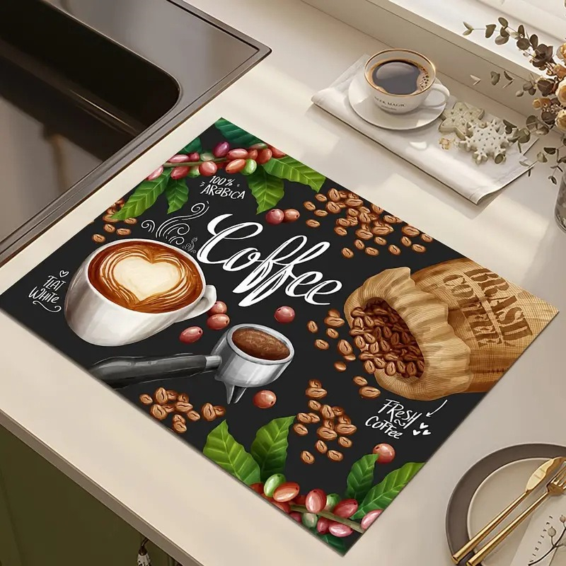 Kreative Küchen-Trockenmatte mit Kaffeedruck, weiches Gummi, rutschfest, saugfähig, schmutzabweisend, Matten für Kaffeebar, Arbeitsplatten, Geschirrmatte: S / Lila