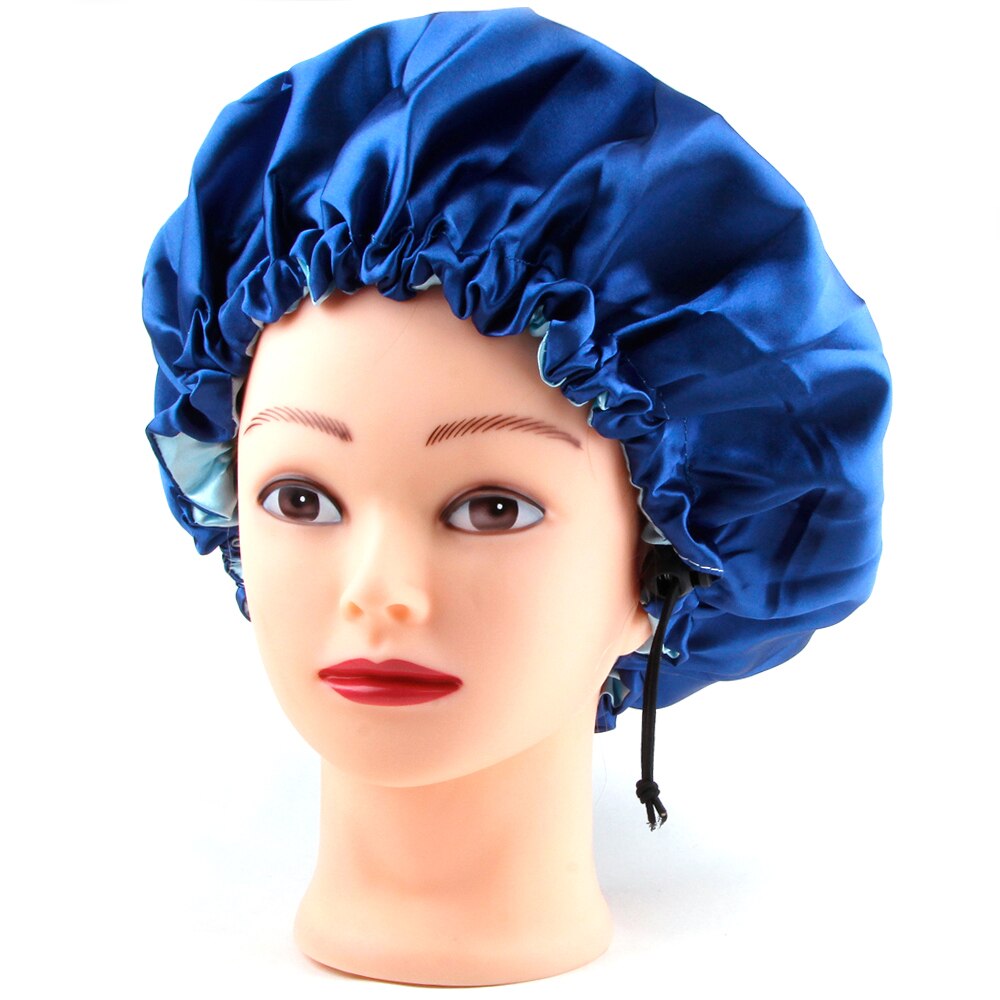 Gorro de satén Reversible para dormir, gorro de seda para mujer, gorro para el pelo de noche, cubierta para la cabeza, sombrero de doble capa ajustable, accesorios para peinados rizados: DarkBlue