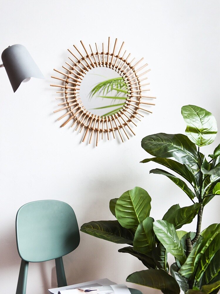 Espejo de ratán para el hogar, espejo artístico con forma de sol, espejo decorativo colgante para pared de salón, Espejos de maquillaje para habitación, decoración de pared de ratán