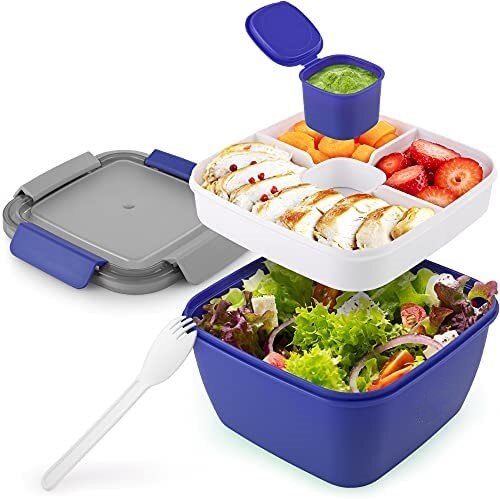 52oz Bento Lunch Box Salad Container for Lunch BPA Free Leak Proof Salad Dressing Container with Smart Lock Reusable Spork: Dark Blue / 1500ml